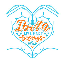 Hands folded in the shape of a heart with lettering phrase inscription about Ibiza. Colorful pattern for t-shirt print, textile, clothes design. EPS 10 vector illustration