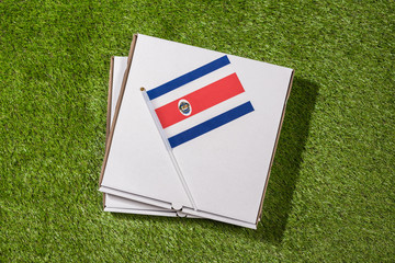 Paper box of pizza with Flag of Costa Rica on the grass. Concept. Top view