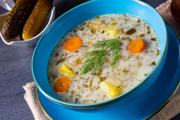 Polish sour cucumber soup or salt cucumber soup.