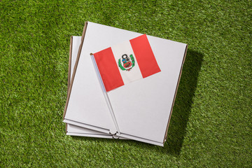 Paper box of pizza with Peru Flag on the grass. Concept. Top view