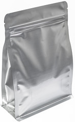 matt silver aluminium flat bottom food pouch  with zipper  filled with coffee beans on white background fron view