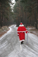 Santa Claus walking away along deep forest road