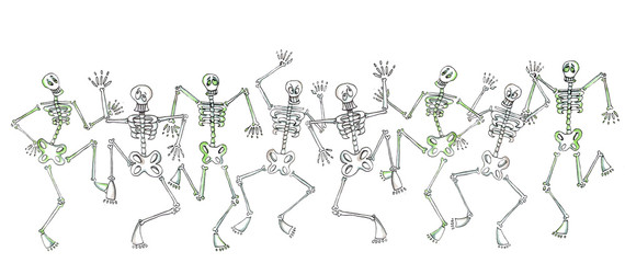 Halloween hand drawn illustration. Funny skeleton dancing! Isolated on white background. Holiday watercolor element for card, invitations and holiday design.