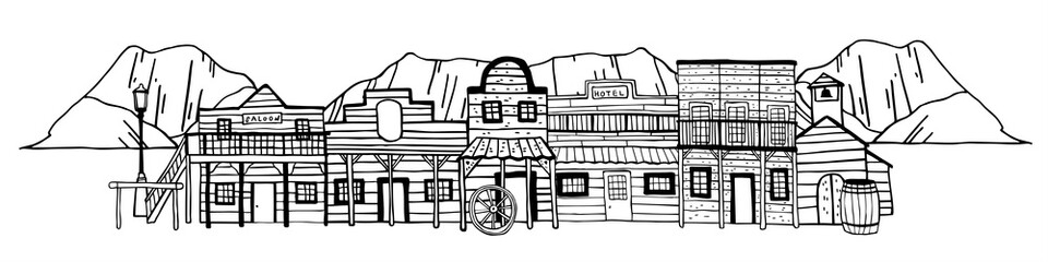 America Wild West town landscape with mountains on background. Hand drawn outline sketch doodle vector illustration 