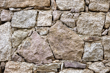 Detail of an old stone wall arranged in an irregular manner. Architecture constructions. Vintage background.