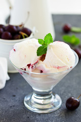 Homemade ice cream with cherry and amaretto.