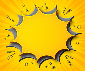 Comics background. Cartoon poster in pop art style with yellow - grey speech bubbles with halftone and sound effects. Funny colorful banner with place for text on yellow backdrop with radial stripes
