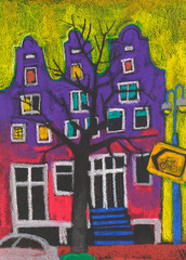 Bright artwork in pastel style a view of street Amsterdam with modern Buildings. Rude drawing style for modern minimal design. Vivid colorful illustration on natural black paper texture — Primitivism