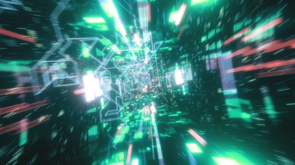 Flying in the chaotic technological futuristic space tunnel. Animation for music videos, nightclubs, audiovisual shows and performance, LED screens and projection cards. 3d illustration