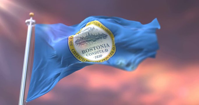 Flag of Boston at sunset, city of United States of America - loop