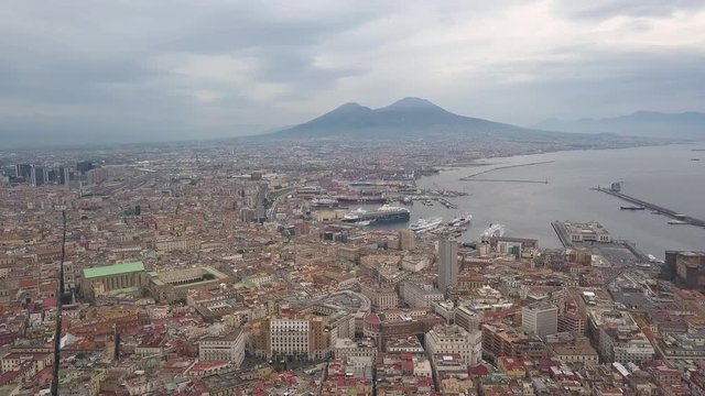 Aerial view of Naples, video shot on a drone. Flight of a drone over Naples overlooking the bay and Mount Vesuvius.