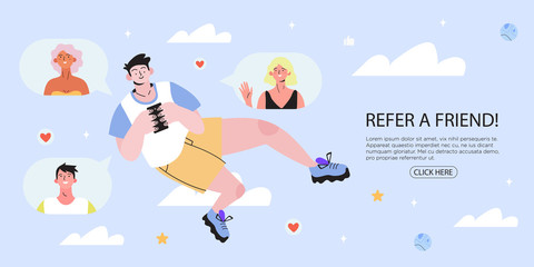 Refer a friend concept with a man holding a phone with a list of his friends profile pages. Refferal marketing strategy  banner, landing page template, ui, web, mobile app, poster, banner, flyer.
