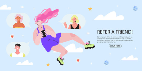 Refer a friend concept with a girl holding a phone with a list of her friends profile pages. Refferal marketing strategy  banner, landing page template, ui, web, mobile app, poster, banner, flyer.