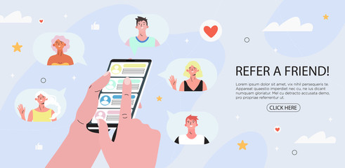 Refer a friend concept with cartoon hands holding a phone with a list of friends contacts. Refferal marketing strategy  banner, landing page template, ui, web, mobile app, poster, banner, flyer.