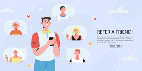 Refer a friend concept with a man holding a phone with a list of his friends profile pages. Refferal marketing strategy  banner, landing page template, ui, web, mobile app, poster, banner, flyer.