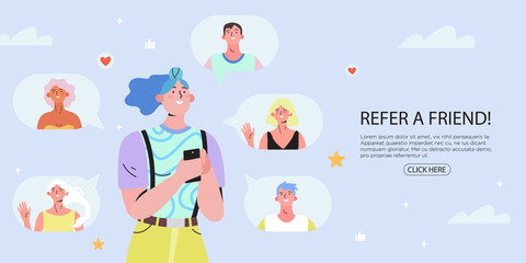 ПечатьRefer a friend concept with a girl holding a phone with a list of her friends profile pages. Refferal marketing strategy  banner, landing page template, ui, web, mobile app, poster, banner, flye