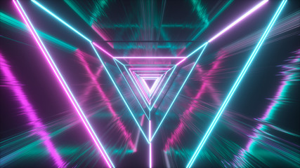 Flying through glowing neon triangles creating a tunnel with grunge reflection, fluorescent ultraviolet light, modern colorful lighting, 3d illustration