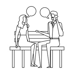 business couple calling in the park chair and speech bubbles