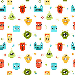 Robots head seamless pattern vector on white background with small elements colored for children; textile decor