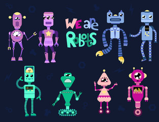 Set vector multicolored pastel blue green pink color cute different robots with the text "we are robots" on a dark blue background eight robots with small elements for children