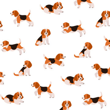 Cartoon happy beagle - simple trendy pattern with dogs. Flat vector illustration for prints, clothing, packaging and postcards. 