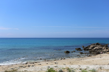 Lygia Preveza, Greece - 18 July 2019: The beach and the crystal clear sea of the Greek coast