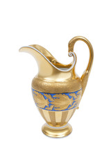 An ancient porcelain kettle, gilding, on a white background.