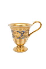 Antique porcelain cup for tea, gilding, on a white background.