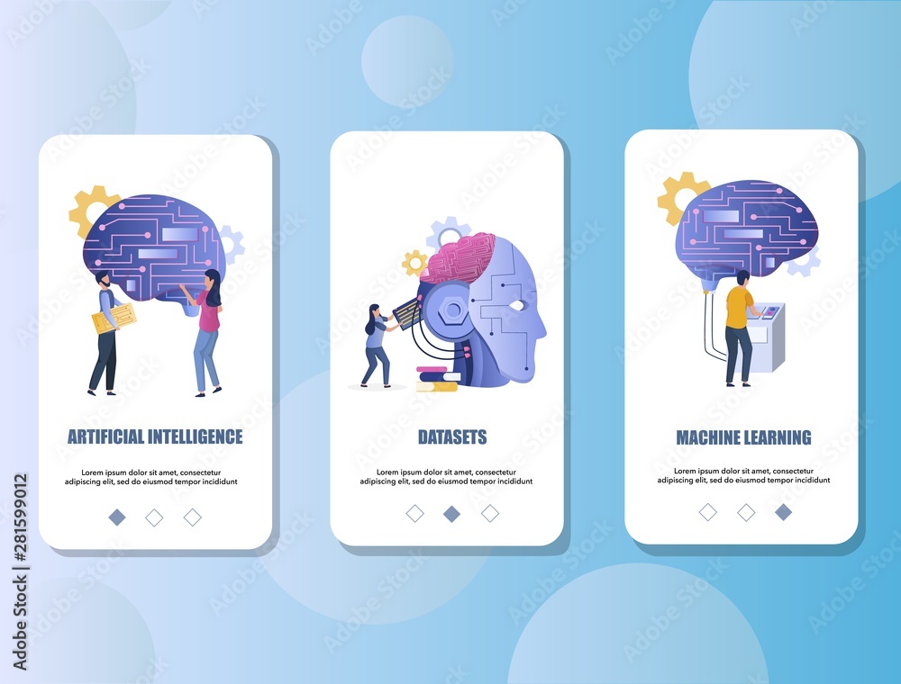 Poster artificial intelligence mobile app onboarding screens vector template