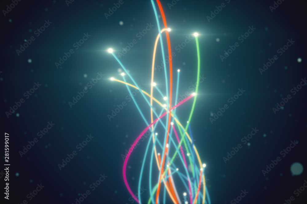 Poster spreading multi colored fiber wires in space. camera movement for wires. the concept of distribution