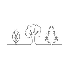 Continuous line drawing of trees on white background. Vector illustration. Landscape icon. Forestscape. birch oak and spruce. lungs of the planet. forest sign, symbol