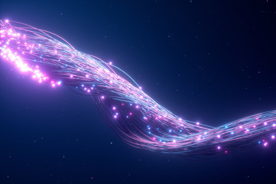 Glowing fiber optic cable. Information flows by wire. The concept of technology and information transfer. Modern blue purple color spectrum 3d illustration