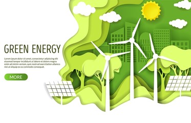 Green energy web banner template, vector paper cut illustration © Siberian Art