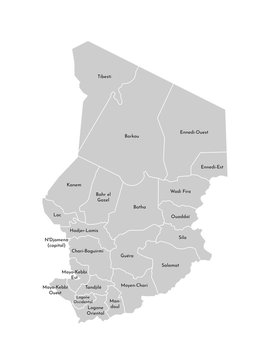 Vector isolated illustration of simplified administrative map of Chad. Borders and names of the regions. Grey silhouettes. White outline