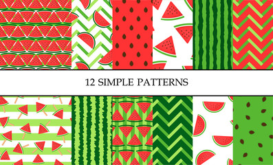 Set of vector simple colorful seamless patterns with watermelon