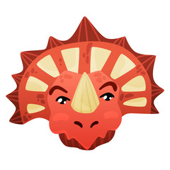 Triceratops dinosaur face looks cute in cartoon style red color big cute eyes, styracosaurus on an isolated white background