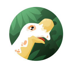 the head of a white pachycephalosaurus on a green background in a circle, suitable for a logo, a big horn on the nose is cute and plump, against the background of a plant