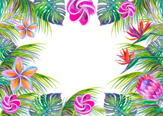 Fototapeta na wymiar illustrazione acquerello fiori esotici foglie tropicali cornice sfondo bianco