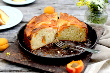 Cake with apricots on a table in the garden