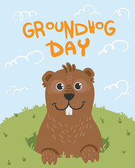 Greeting card on groundhog day. An animal. A ferret. A cheerful look out of a mink. Cartoon style. Spring sky grass. From the fossa on the first day of spring plus handwritten text cute gopher
