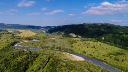 Aerial view of river in the mountains 