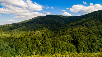 aerial shoot of green landscape in the mountains