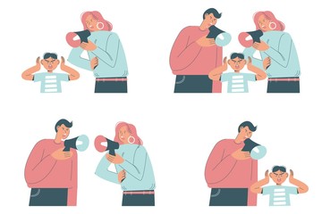 Family conflict scenes, vector flat isolated illustration