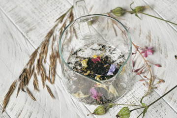 Glass teapot with fruit tea