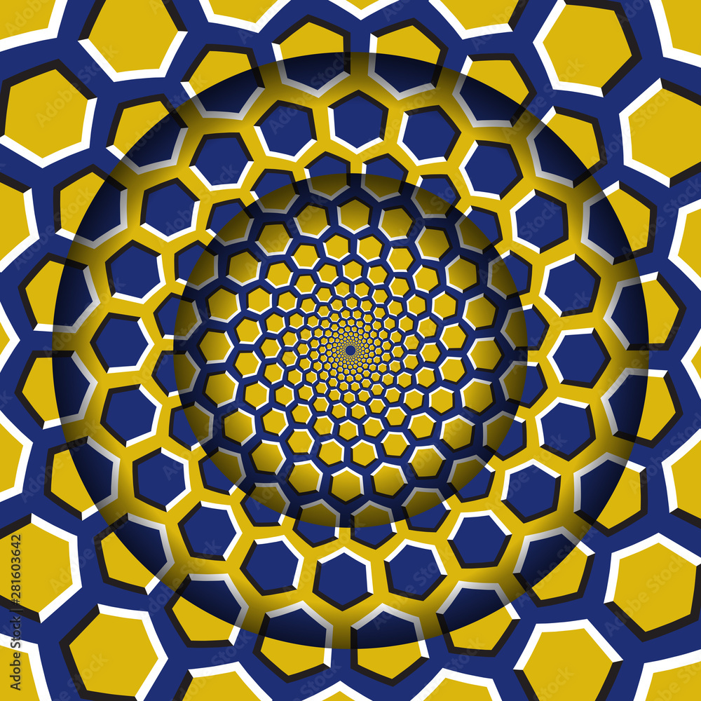 Poster abstract round frame with a moving yellow blue hexagons pattern. optical illusion hypnotic backgroun