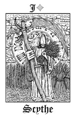 Scythe. Tarot card from vector Lenormand Gothic Mysteries oracle deck.