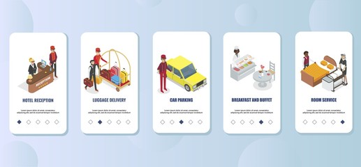 Hotel service mobile app onboarding screens vector template
