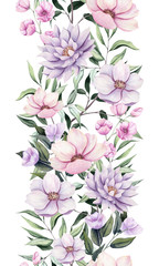 Seamless Border of Watercolor Flowers and Leaves