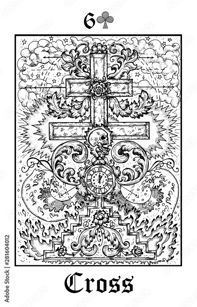 Wall mural cross and skull. tarot card from vector lenormand gothic mysteries oracle deck.