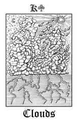 Clouds. Tarot card from vector Lenormand Gothic Mysteries oracle deck. Black and white engraved illustration. Fantasy and mystic line art drawing. Gothic, occult and esoteric background